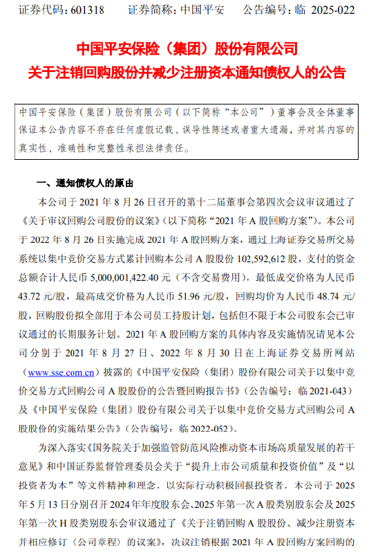 中国平安：注销1.03亿股回购股份并相应减少注册资本