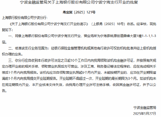 上海银汉宁波宁海支行获准开业