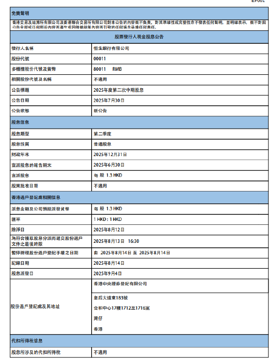 恒生银行：9月4日派发第二季度股息每股1.3港元