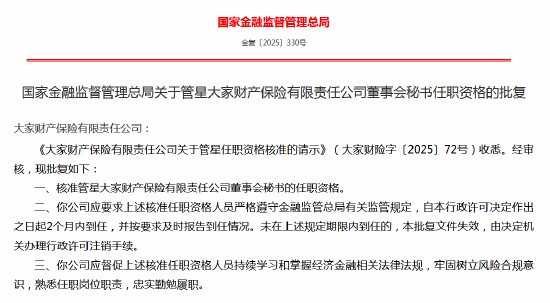 管星大家财险董事会秘书任职资格获批